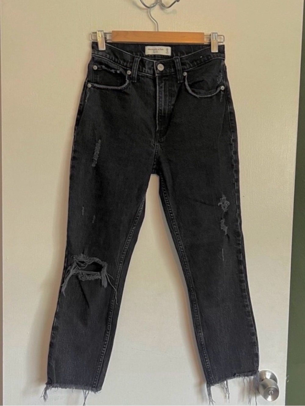 Abercrombie and fitch faded black distressed the mom high rise jeans size 0/25